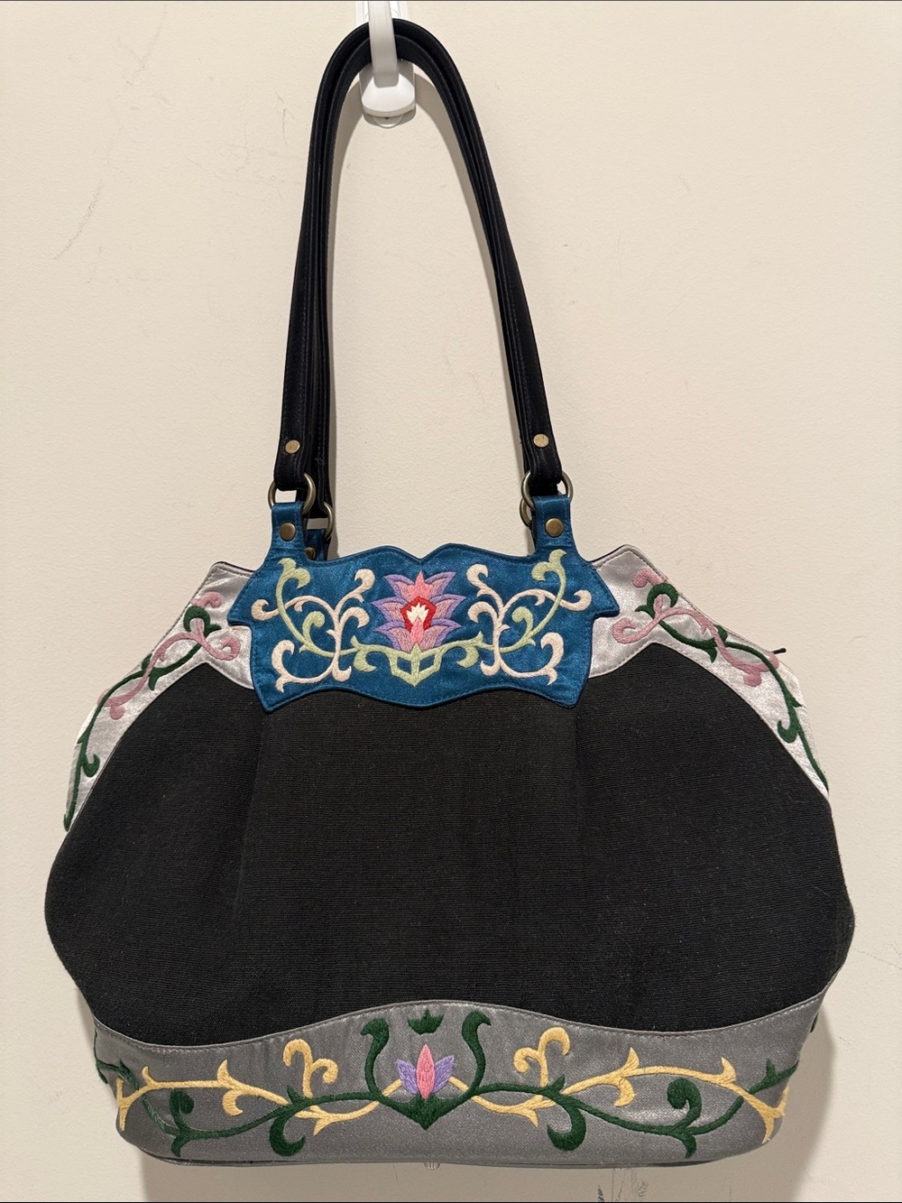 Oovoo Vintage Black Embroidered Shoulder Tote with Blue Accent